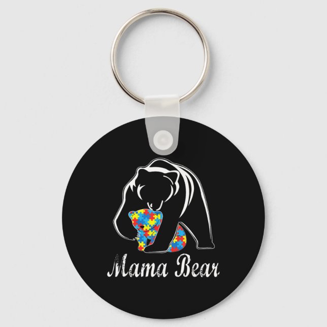 Autism Awareness Mama Bear Support Autistic Adults Keychain (Front)