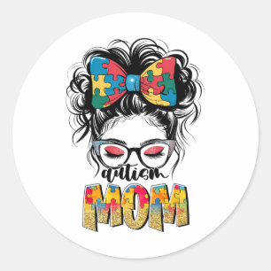 Autism Awareness Messy Bun Autism Mom Coquette Bow Classic Round Sticker