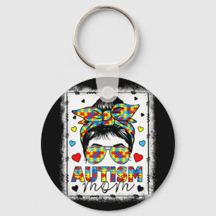 Autism Awareness Mom Life Messy Bun Bleached Mothe Keychain