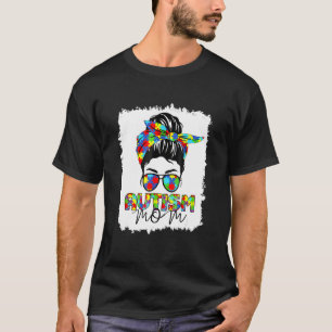 Autism Awareness Mom Messy Bun Puzzle Bandana Moth T-Shirt
