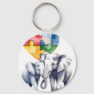 Autism Awareness Mommy Elephant with Baby Puzzle H Keychain
