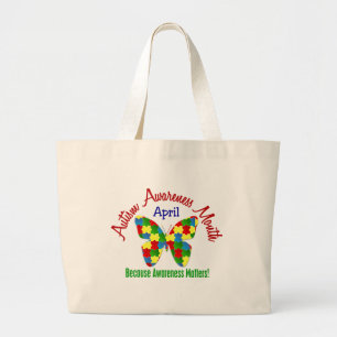 AUTISM AWARENESS MONTH APRIL Puzzle Butterfly Large Tote Bag