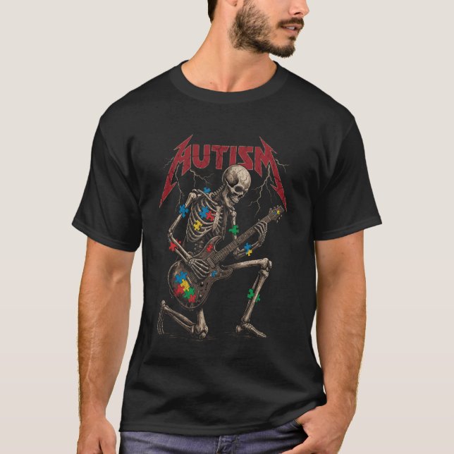 Autism Awareness Month Tee Skeleton Guitar Player  (Front)