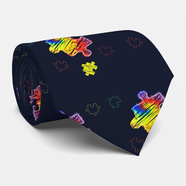 Autism Awareness Purple Yellow Puzzles Tie (Rolled)