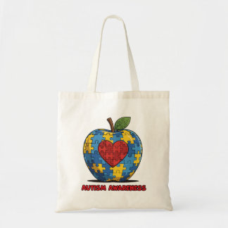 Autism Awareness Puzzle Apple Heart Tote Bag