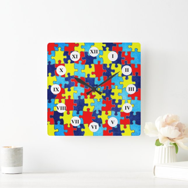 Autism Awareness-Puzzle by Shirley Taylor Square Wall Clock (Home)