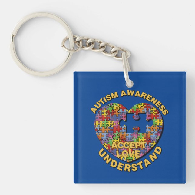 Autism Awareness Puzzle Heart Square Key Chain (Front)