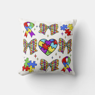 Autism Awareness Puzzle Piece Coquette Bow Throw Pillow