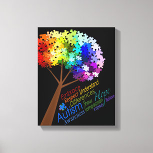 Autism Awareness Rainbow Puzzle Tree with Words Canvas Print