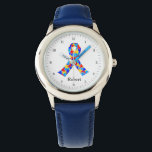 Autism Awareness Ribbon Personalized Blue Kids Watch<br><div class="desc">Beautiful autism ribbon filled with puzzle pieces in blue. A pretty autism awareness personalized kids watch gift. Monogram with your child's name.</div>