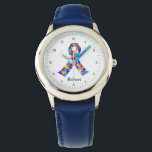 Autism Awareness Ribbon Personalized Blue Kids Watch<br><div class="desc">Beautiful autism ribbon filled with puzzle pieces in blue. A pretty autism awareness personalized kids watch gift. Monogram with your child's name.</div>
