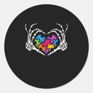 Autism Awareness s s Skeleton Hand Heart Puzzle Pi Classic Round Sticker
