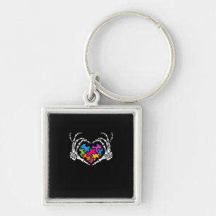 Autism Awareness s s Skeleton Hand Heart Puzzle Pi Keychain