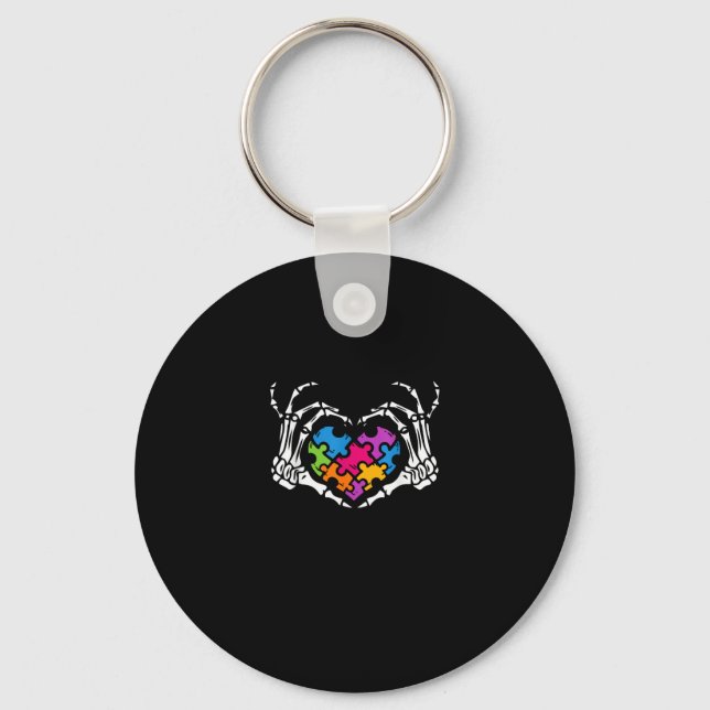 Autism Awareness s s Skeleton Hand Heart Puzzle Pi Keychain (Front)