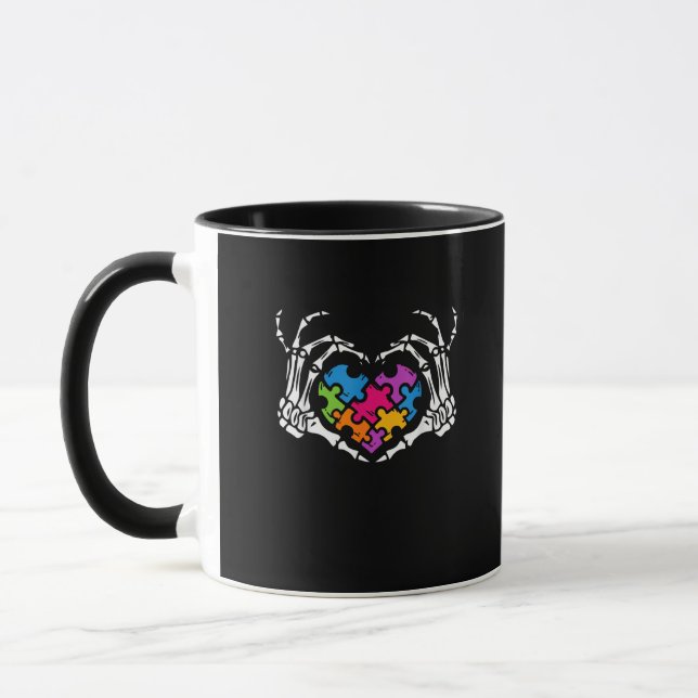 Autism Awareness s s Skeleton Hand Heart Puzzle Pi Mug (Left)