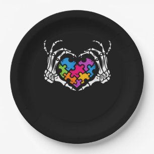 Autism Awareness s s Skeleton Hand Heart Puzzle Pi Paper Plate