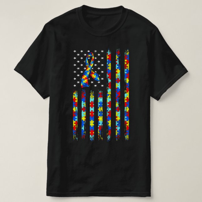 Autism Awareness Shirt American Flag Ribbon Puzzle (Design Front)