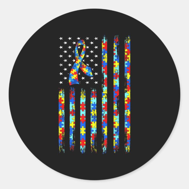 Autism Awareness Shirt American Flag Ribbon Puzzle Classic Round Sticker (Front)