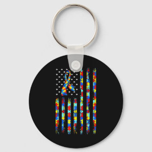 Autism Awareness Shirt American Flag Ribbon Puzzle Keychain