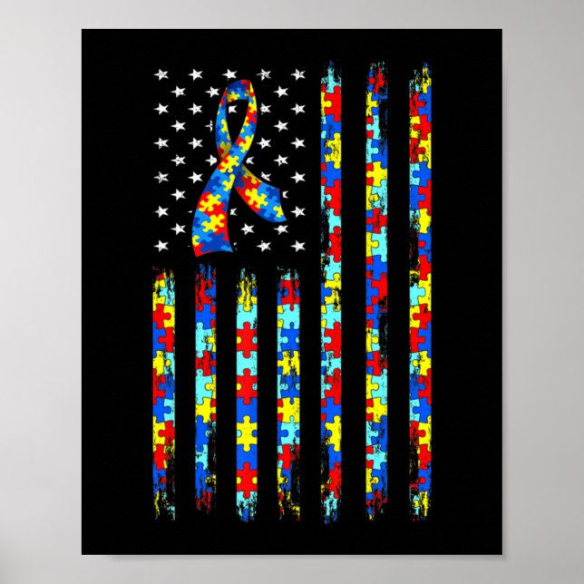 Autism Awareness Shirt American Flag Ribbon Puzzle Poster (Front)