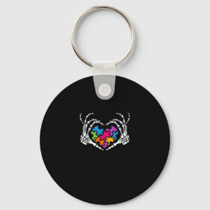 Autism Awareness Skeleton Heart Puzzle Piece Keychain