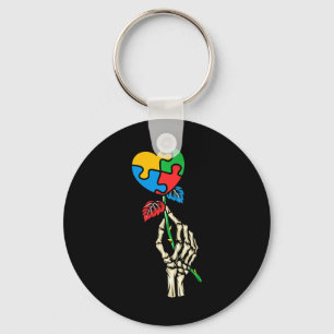 Autism Awareness Skull Hand Rose Autism Puzzle Pie Keychain