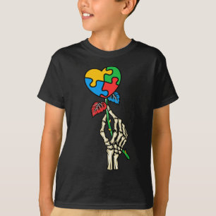 Autism Awareness Skull Hand Rose Autism Puzzle Pie T-Shirt