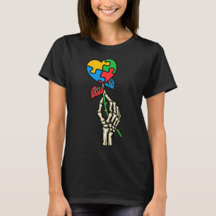Autism Awareness Skull Hand Rose Autism Puzzle Pie T-Shirt
