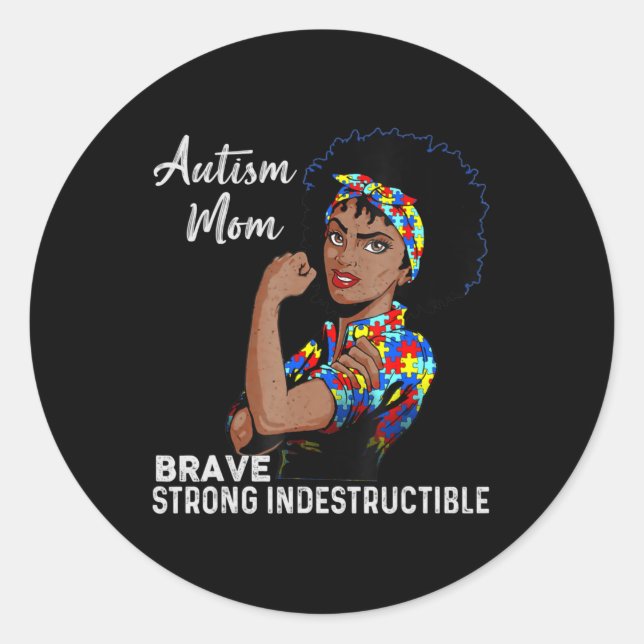 Autism Awareness Strong Mom Afro Mother Black Wome Classic Round Sticker (Front)
