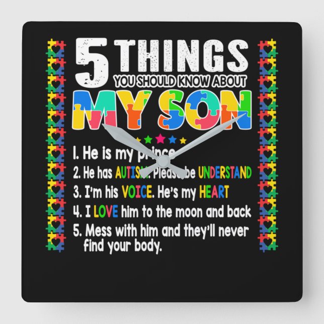 Autism Awareness Support Autism Son Kids Square Wall Clock (Front)