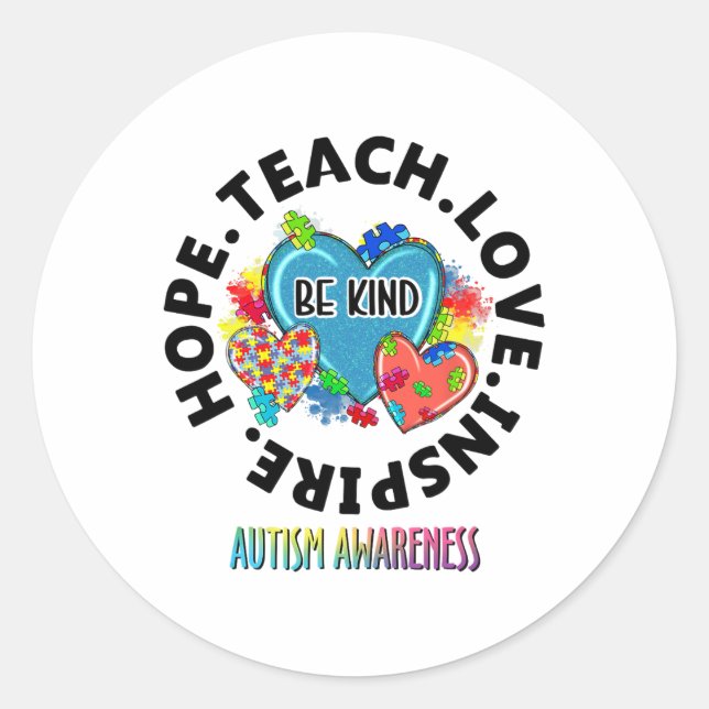 Autism Awareness Teacher Teach Hope Love Inspire M Classic Round Sticker (Front)