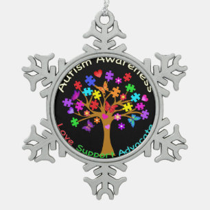 Autism Awareness Tree Snowflake Pewter Christmas Ornament