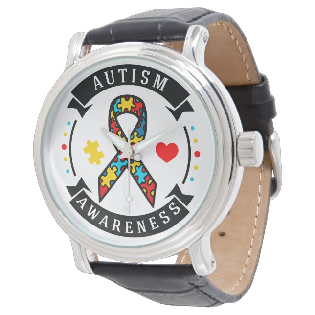 Autism Awareness Vintage Black Leather Strap Watch (Angled)