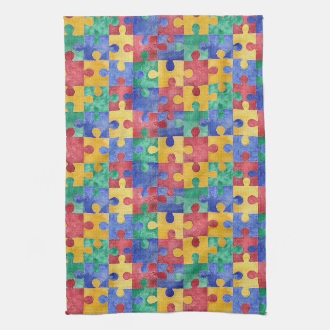 Autism Awareness watercolor puzzle kitchen towel (Vertical)