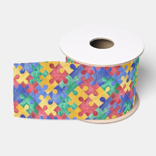 Autism Awareness watercolor puzzle ribbon Grosgrain Ribbon (Spool)
