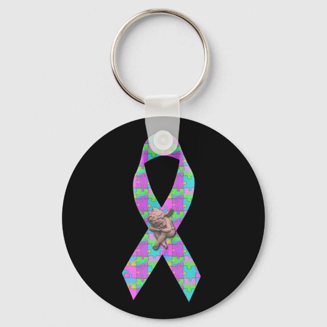 Autism Awarness Angel Puzzle Pieces Ribbon Cause Keychain (Front)