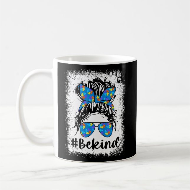 Autism Be Kind Messy Bun Mom Life Heart Puzzle Wom Coffee Mug (Left)