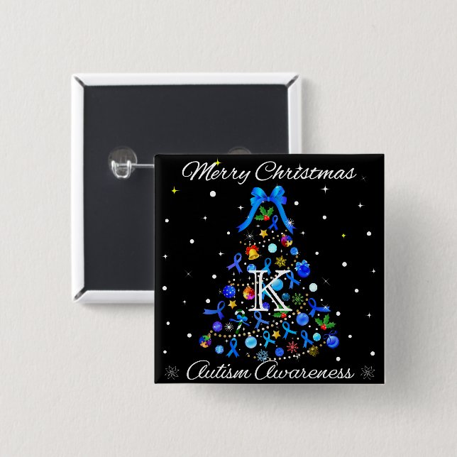 Autism Blue Christmas Tree 2 Inch Square Button (Front & Back)