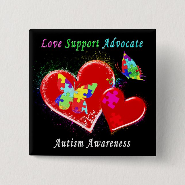 Autism Butterflies in Hearts 2 Inch Square Button (Front)