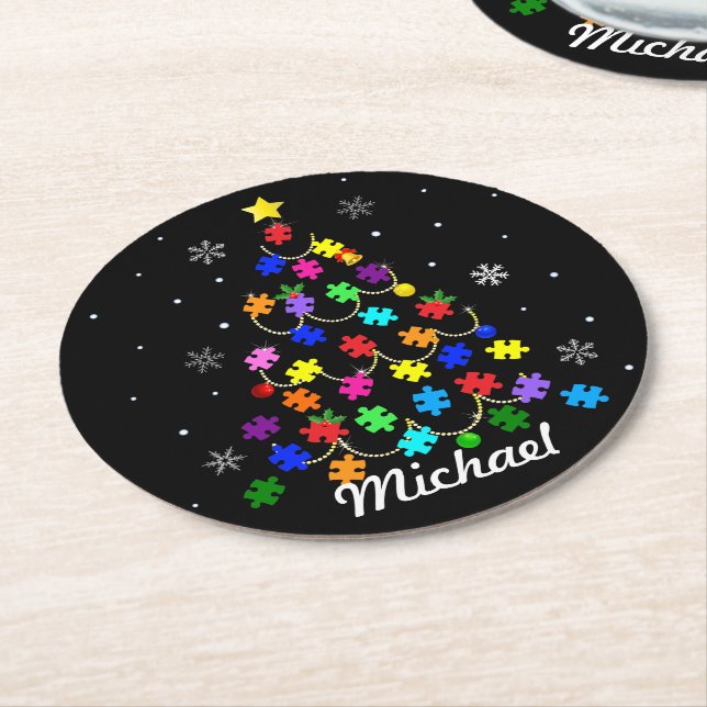 Autism Christmas Tree Round Paper Coaster (Angled)