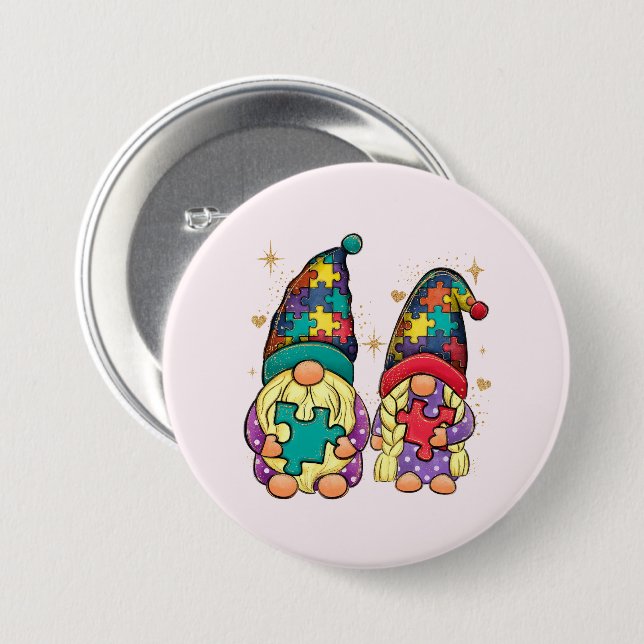Autism Couple Gnome 3 Inch Round Button (Front & Back)