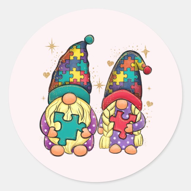 Autism Couple Gnome Classic Round Sticker (Front)