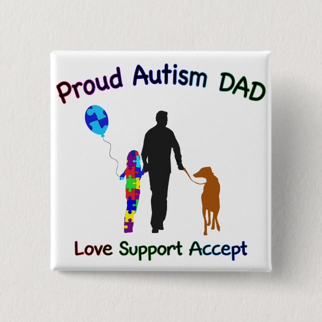 Autism Dad with Dog 2 Inch Square Button (Front)