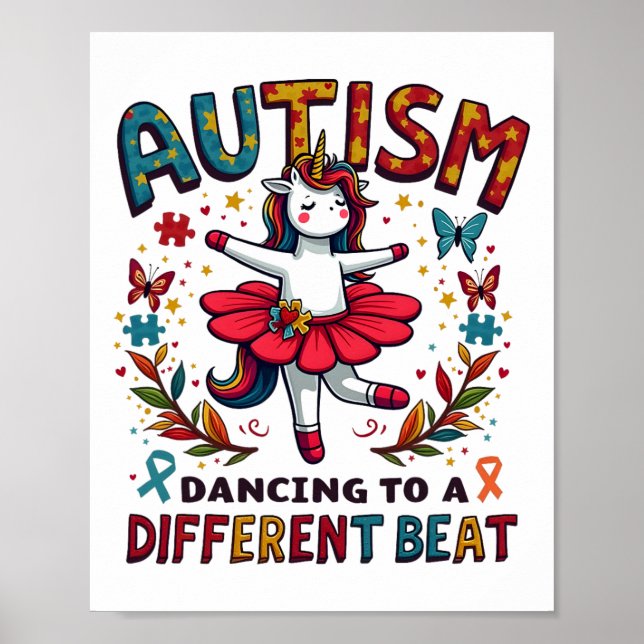Autism Dancing To Be A Different Beat Cute Unicorn Poster (Front)