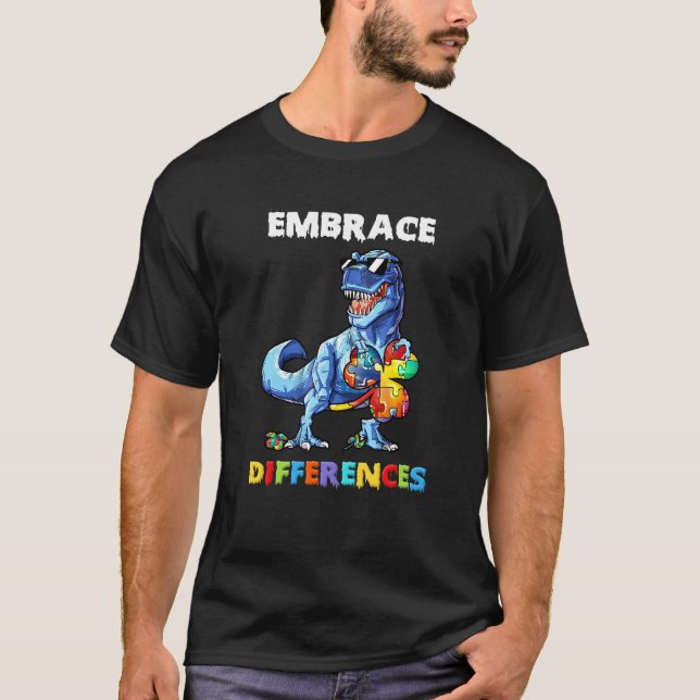 Autism Dinosaur Embrace Differences Shamrock Puzzl T-Shirt (Front)