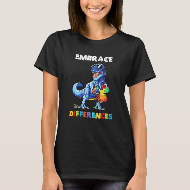 Autism Dinosaur Embrace Differences Shamrock Puzzl T-Shirt (Front)