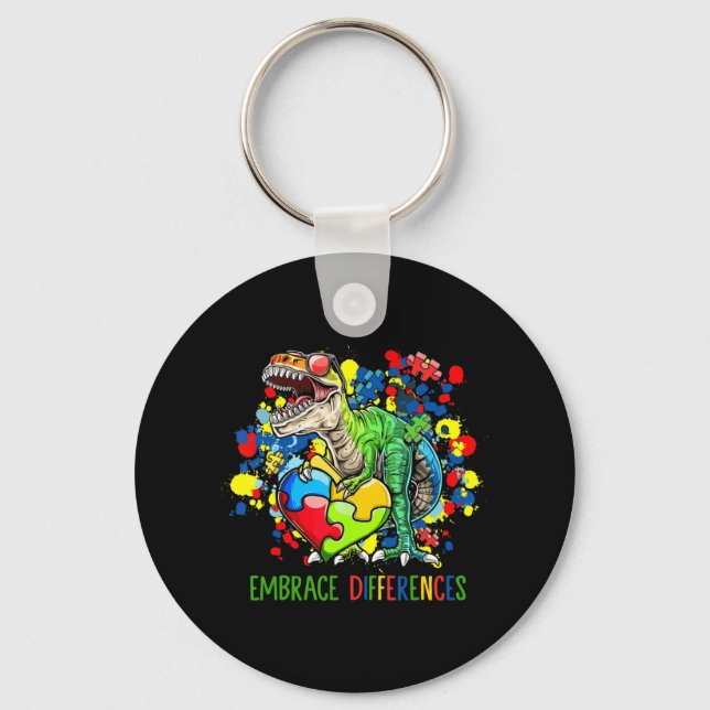 Autism Embrace Differences Dinosaur T-Rex Kids Cut Keychain (Front)
