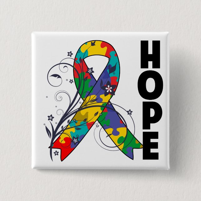 Autism Floral Hope Ribbon 2 Inch Square Button (Front)