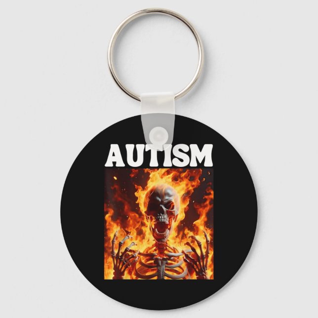 Autism Funny Cringe Hard Skeleton Meme Flames 1  Keychain (Front)