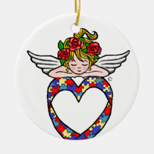 Autism Heart Ribbon Angel Ceramic Ornament
